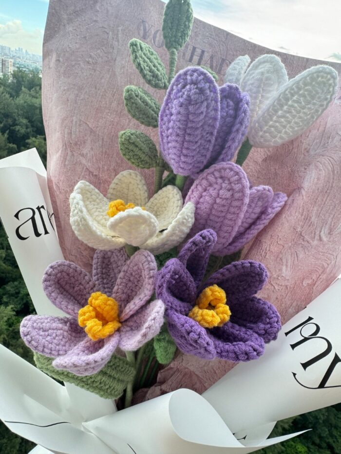 Crochet Flower Bouquets Handmade, Finished Product, Full of Tulips - Purple