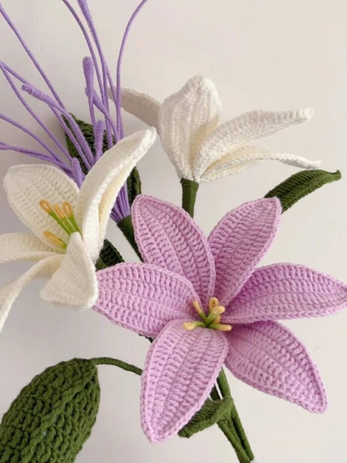 Crochet Flower Bouquets Handmade, Finished Product, Bending Lily - Purple and White