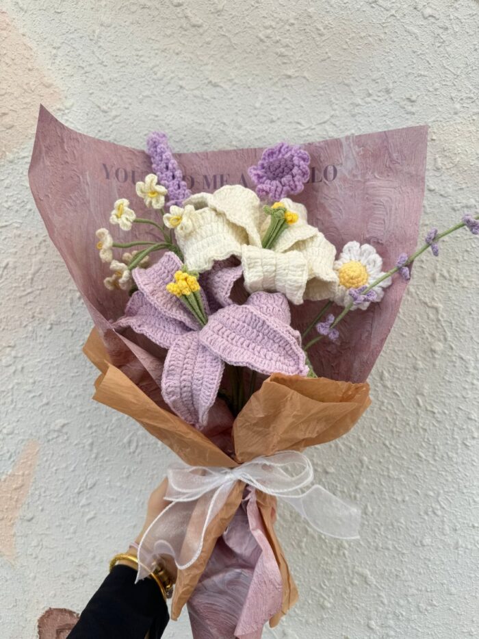 Crochet Flower Bouquets Handmade, Finished Product, Bending Lily - Purple and White