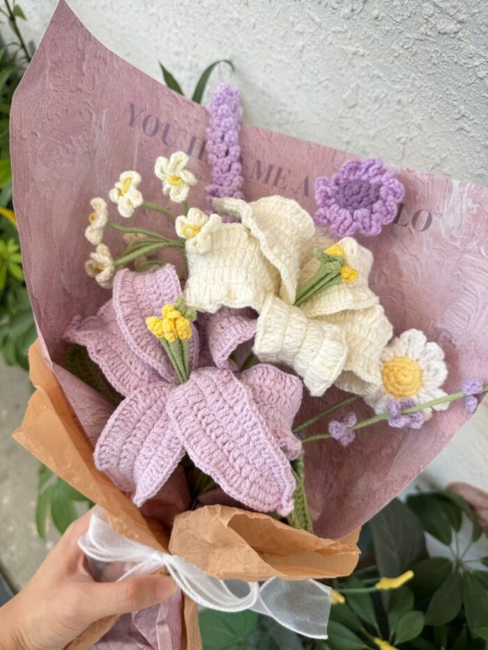 Crochet Flower Bouquets Handmade, Finished Product, Bending Lily - Purple and White