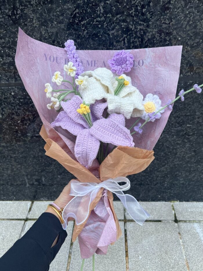 Crochet Flower Bouquets Handmade, Finished Product, Bending Lily - Purple and White