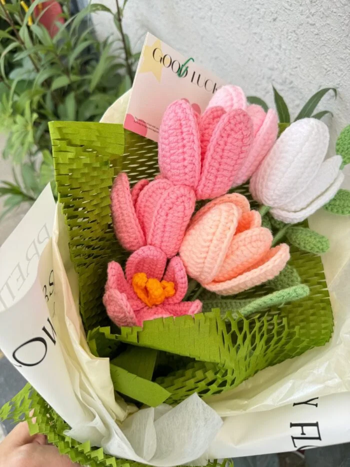 Crochet Flower Bouquets Handmade, Finished Product, Full of Tulips - Pink and Green