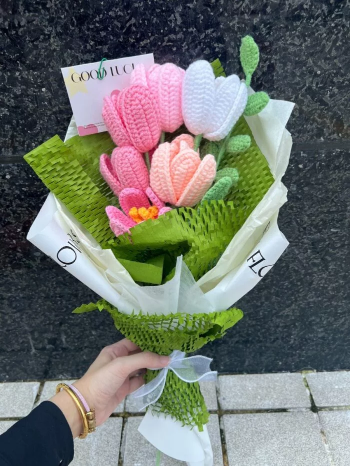 Crochet Flower Bouquets Handmade, Finished Product, Full of Tulips - Pink and Green