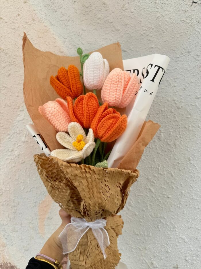 Crochet Flower Bouquets Handmade, Finished Product, Full of Tulips – Orange