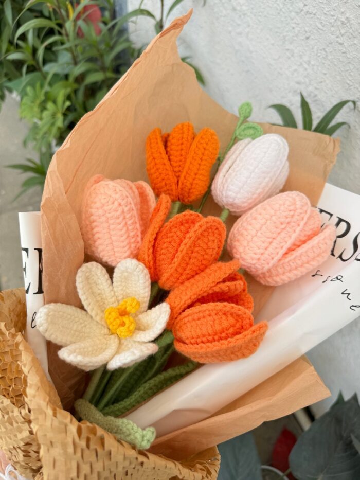 Crochet Flower Bouquets Handmade, Finished Product, Full of Tulips – Orange