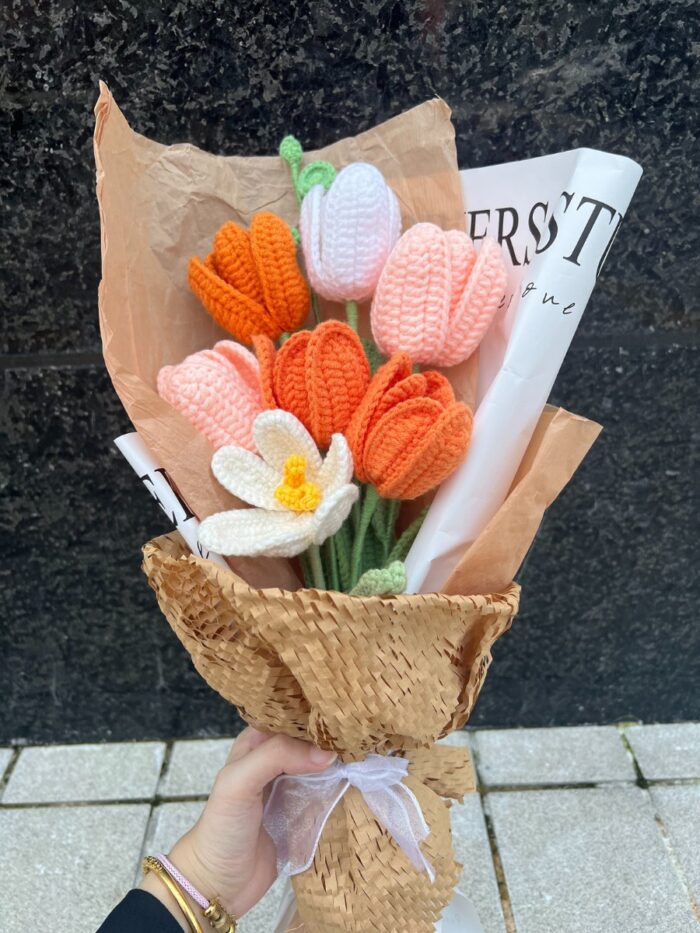 Crochet Flower Bouquets Handmade, Finished Product, Full of Tulips – Orange