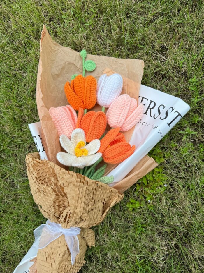 Crochet Flower Bouquets Handmade, Finished Product, Full of Tulips – Orange