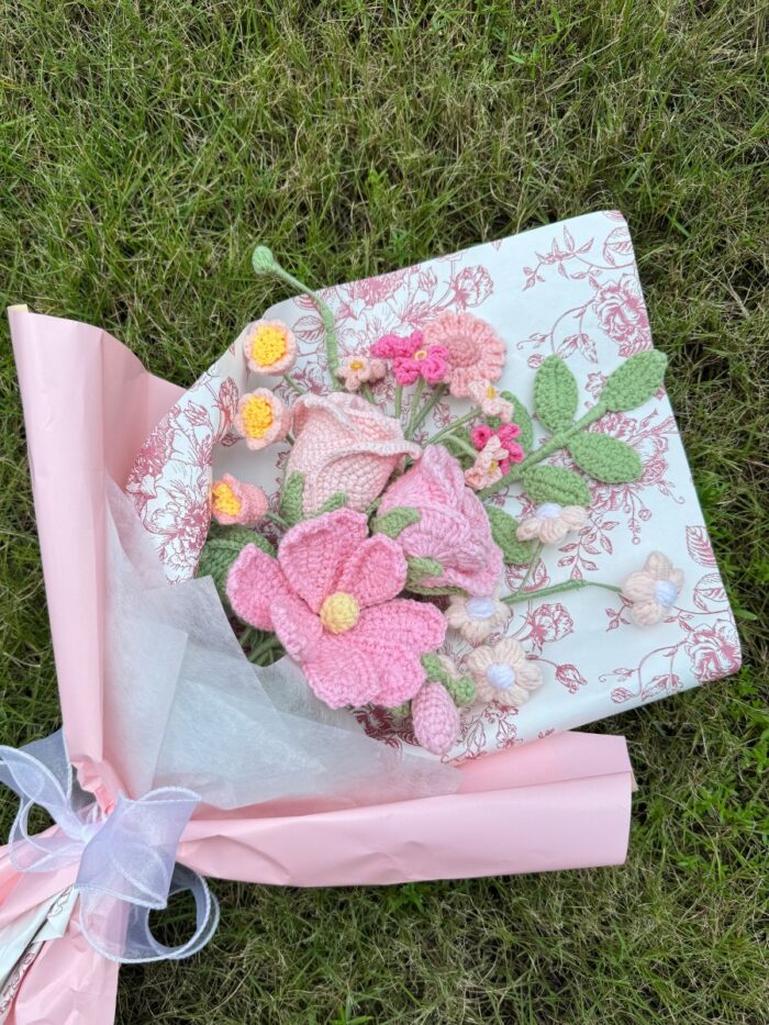 Crochet Flower Bouquets Handmade, Finished Product, Pink Roses and Cosmos