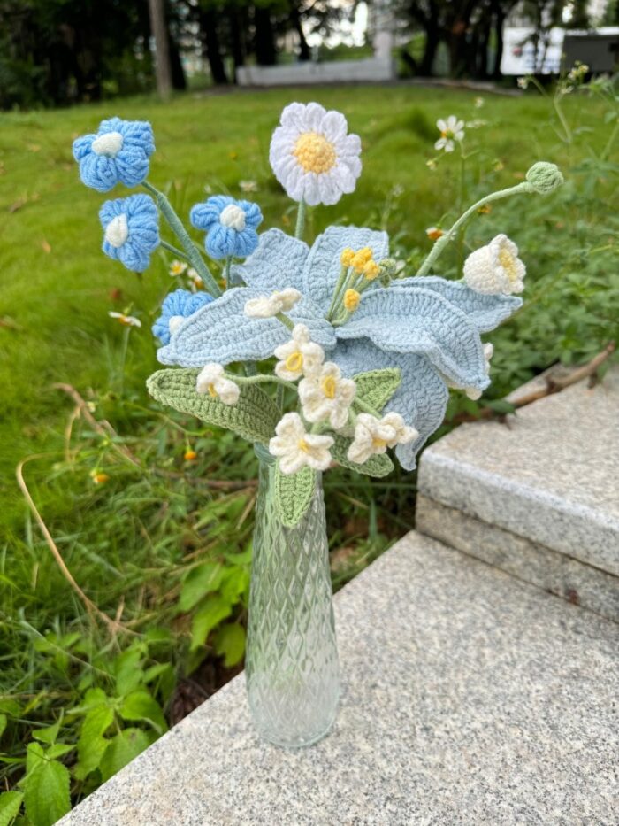 Crochet Flowers in Vase, Finished Product, Blue and White Lily(No Vase)