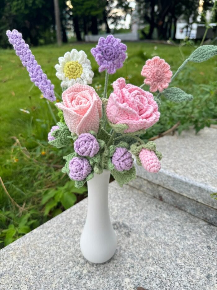 Crochet Flowers in Vase, Finished Product, Pink and Purple Playful Roses(No Vase)