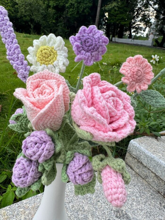 Crochet Flowers in Vase, Finished Product, Pink and Purple Playful Roses(No Vase)