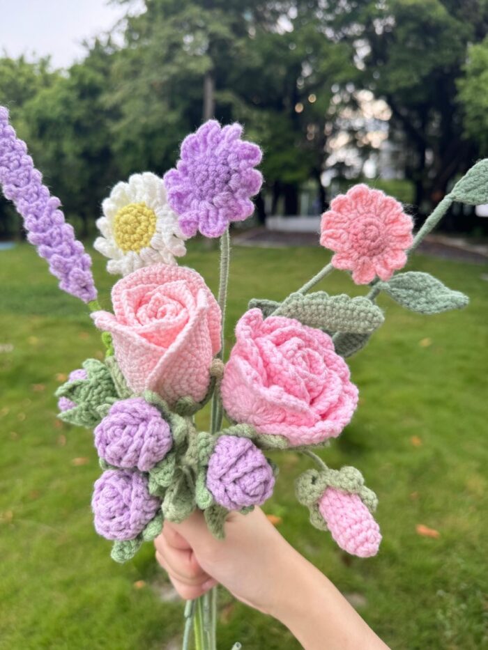 Crochet Flowers in Vase, Finished Product, Pink and Purple Playful Roses(No Vase)