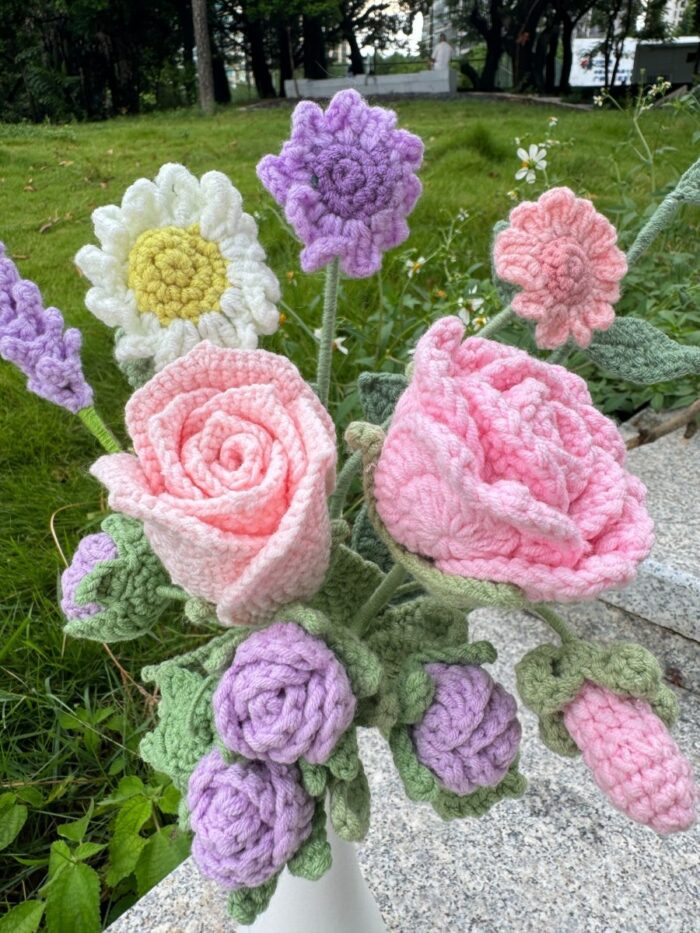 Crochet Flowers in Vase, Finished Product, Pink and Purple Playful Roses(No Vase)