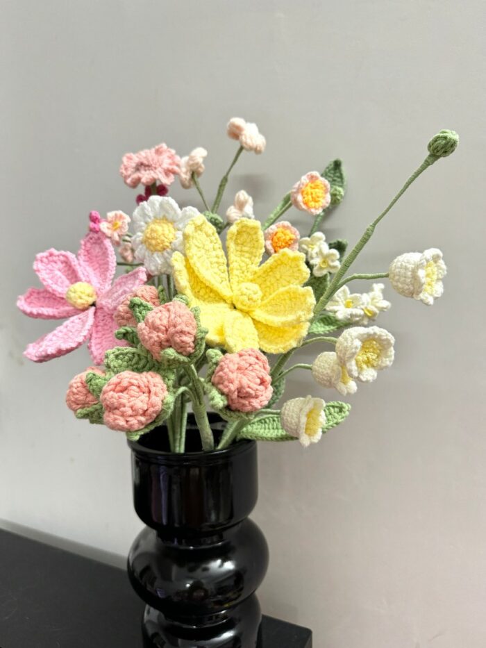 Crochet Flowers in Vase, Finished Product, Yellow and Pink Cosmos(No Vase)