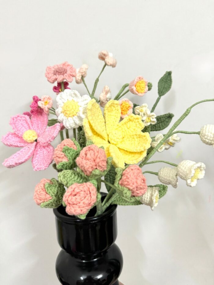 Crochet Flowers in Vase, Finished Product, Yellow and Pink Cosmos(No Vase)