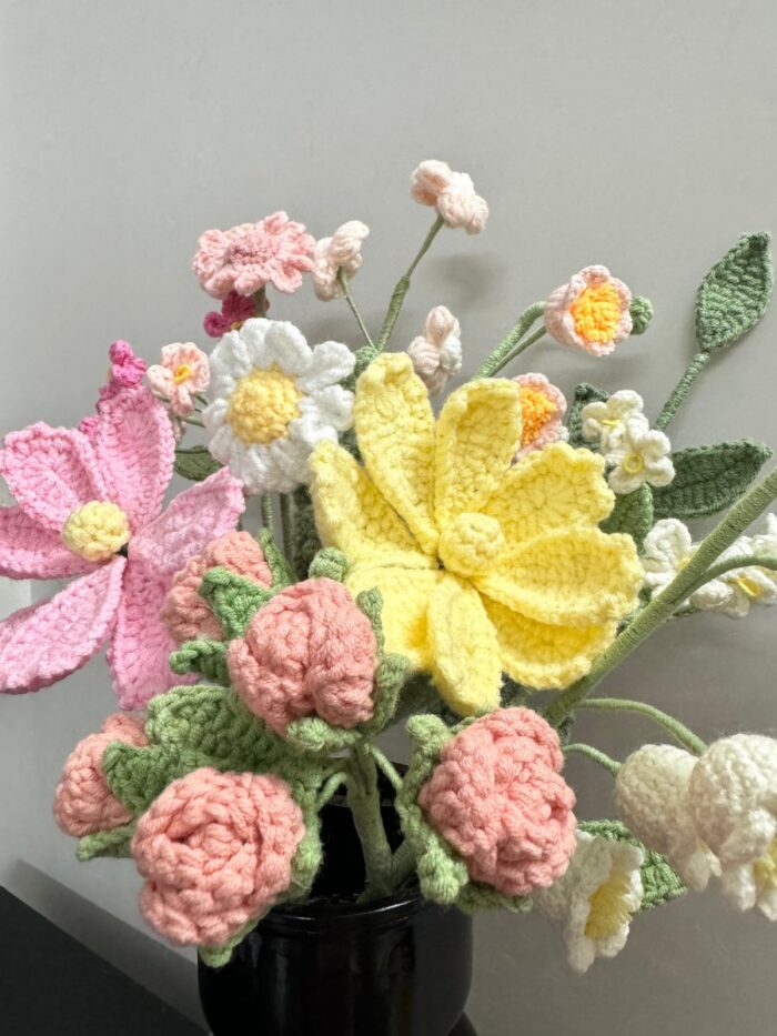 Crochet Flowers in Vase, Finished Product, Yellow and Pink Cosmos(No Vase)