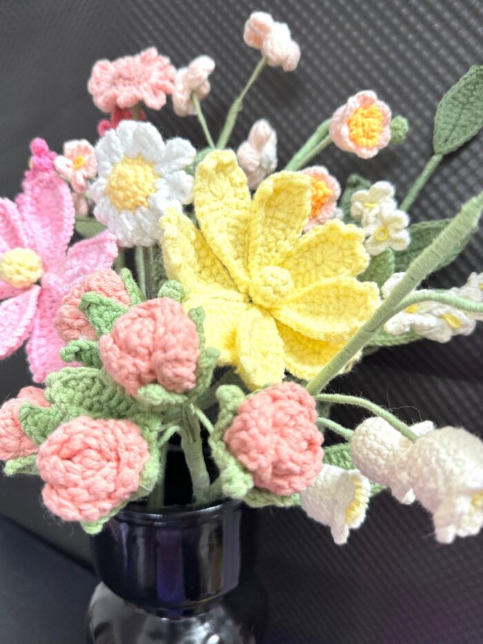 Crochet Flowers in Vase, Finished Product, Yellow and Pink Cosmos(No Vase)